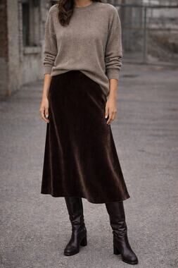 Vintage Ralph Lauren Purple Label Gold Velvet Midi Skirt 8 Brown Quiet Luxury